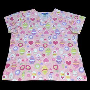 Scrub Wear Pink Purple Easter Egg Bunny Rabbit Hop Scrub Top Shirt Size Large
